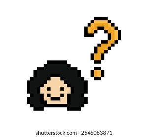 Cute pixel cartoon character woman with question mark decoration 8 bit female girl lady confused idea question think choose cartoon pixel game vector.