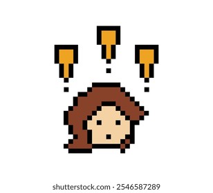 Cute pixel cartoon character woman notice with exclamation mark decoration 8 bit female girl lady surprise idea exclamation alert cartoon pixel game vector.