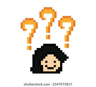 Cute pixel cartoon character woman with question mark decoration 8 bit female girl lady confused idea question think choose cartoon pixel game vector.