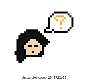 Nette Pixel-Cartoon-Charakter Frau mit Fragezeichen Dekoration 8 Bit weiblich Mädchen Lady verwirrt Idee Frage denken wählen Cartoon Pixel Spiel Vektor.