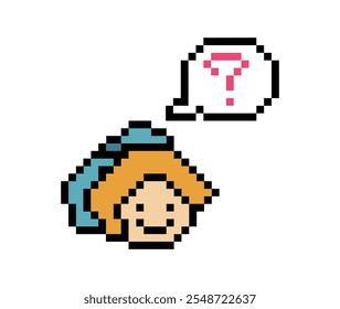 Cute pixel cartoon character woman with question mark decoration 8 bit female girl lady confused idea question think choose cartoon pixel game vector.