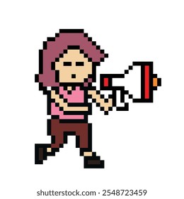 Cute pixel cartoon character woman with megaphone announcement speaker information announce decoration 8 bit female girl lady megaphone cartoon pixel game vector.