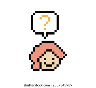 Cute pixel cartoon character woman with question mark decoration 8 bit female girl lady confused idea question mark think choose cartoon pixel game 8 bit vector.