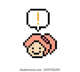 Cute pixel cartoon character woman lady notice with exclamation mark decoration 8 bit female girl surprise idea exclamation alert cartoon pixel game 8bit vector.