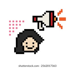 Cute pixel cartoon character woman with megaphone announcement speaker information announce decoration 8 bit female girl lady megaphone cartoon pixel game 8bit vector.
