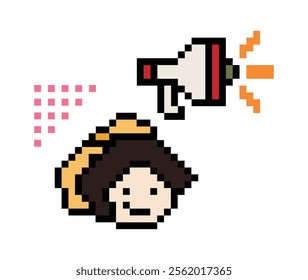 Cute pixel cartoon character woman with megaphone announcement speaker information announce decoration 8 bit female girl lady megaphone cartoon pixel game 8bit vector.