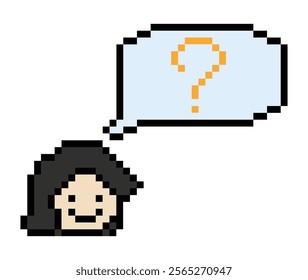 Cute pixel cartoon character woman with question mark decoration 8 bit female girl lady confused idea question mark think choose cartoon pixel game 8bit vector.
