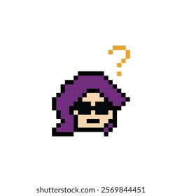 Cute pixel cartoon character woman with question mark decoration 8 bit female girl lady confused idea question mark think choose cartoon pixel game 8bit vector.