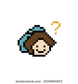 Cute pixel cartoon character woman with question mark decoration 8 bit female girl lady confused idea question mark think choose cartoon pixel game 8bit vector.