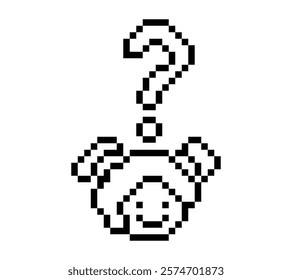 Cute pixel cartoon character woman with question mark decoration 8 bit female girl lady confused idea question mark think choose cartoon pixel game 8bit vector.