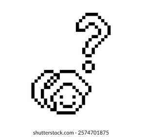 Cute pixel cartoon character woman with question mark decoration 8 bit female girl lady confused idea question mark think choose cartoon pixel game 8bit vector.