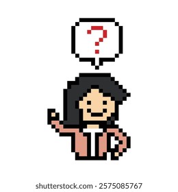 Cute pixel cartoon character woman with question mark decoration 8 bit female girl lady confused idea question mark questionnaire choose cartoon pixel game 8bit vector.