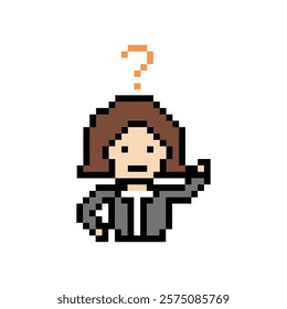 Cute pixel cartoon character woman with question mark decoration 8 bit female lady girl confused idea question mark think questionnaire choose cartoon pixel game 8bit vector.