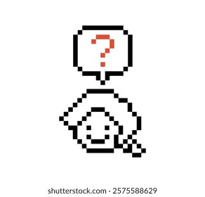 Cute pixel cartoon character woman with question mark decoration 8 bit female girl lady confused idea question mark think choose cartoon pixel game 8bit vector.