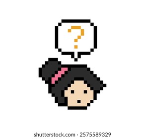 Cute pixel cartoon character woman with question mark decoration 8 bit female girl lady confused idea question mark think choose cartoon pixel game 8bit vector.