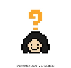 Cute pixel cartoon character woman with question mark decoration 8 bit female girl lady confused idea question mark think questionnaire choose cartoon pixel game 8bit vector.