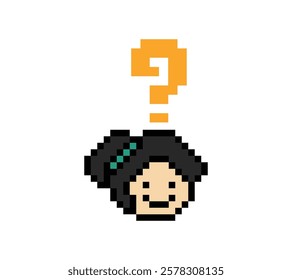 Cute pixel cartoon character woman with question mark decoration 8 bit female girl lady confused idea question mark think questionnaire choose cartoon pixel game 8bit vector.