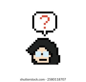 Cute pixel cartoon character woman with question mark decoration 8 bit female girl lady confused idea question mark think choose cartoon pixel game 8bit vector.