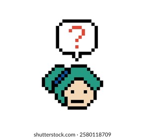 Cute pixel cartoon character woman with question mark decoration 8 bit female girl lady confused idea question mark think choose cartoon pixel game 8bit vector.