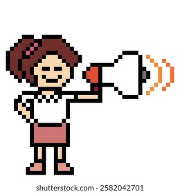 Cute pixel cartoon character woman with megaphone announcement speaker information announce decoration 8 bit female girl lady megaphone cartoon pixel game vector.
