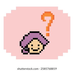 Cute pixel cartoon character woman with question mark decoration 8 bit female girl lady confused idea question mark think questionnaire choose cartoon pixel game 8bit vector.