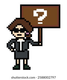 Cute pixel cartoon character woman with question mark decoration 8 bit female girl lady confused idea question mark think questionnaire choose cartoon pixel game 8bit vector.