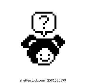 Cute pixel cartoon character woman with question mark decoration 8 bit female girl lady confused idea question mark think questionnaire choose cartoon pixel game 8bit vector.