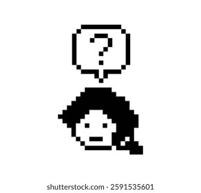 Cute pixel cartoon character woman with question mark decoration 8 bit female girl lady confused idea question mark think questionnaire choose cartoon pixel game 8bit vector.