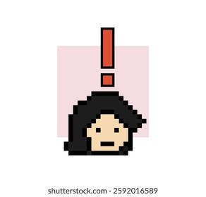 Cute pixel cartoon character woman notice with exclamation mark decoration 8 bit female girl lady surprise idea exclamation alert cartoon pixel game 8bit vector.