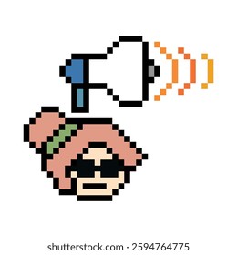 Cute pixel cartoon character woman with megaphone announcement speaker information announce decoration 8 bit female girl lady megaphone cartoon pixel game vector.