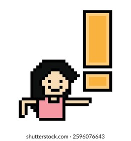 Cute pixel cartoon character woman notice with exclamation mark decoration 8 bit female girl lady surprise idea exclamation alert cartoon pixel game 8bit vector.