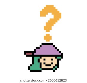Cute pixel cartoon character woman with question mark decoration 8 bit female girl lady confused idea question mark think questionnaire choose cartoon pixel game 8bit vector.