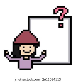 Cute pixel cartoon character woman with question mark decoration 8 bit female girl lady confused idea question mark think questionnaire choose cartoon pixel game 8bit vector.