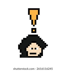 Cute pixel cartoon character woman notice with exclamation mark decoration 8 bit female girl lady surprise idea exclamation alert cartoon pixel game 8bit vector.