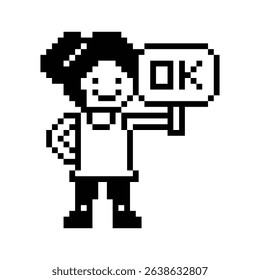 Cute pixel cartoon character woman girl chat feedback Ok accept okay decoration 8 bit female lady woman good accept OK okay pixel game vector.