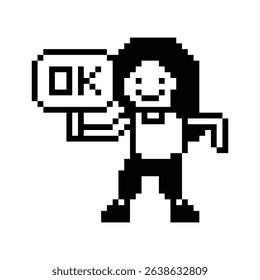 Cute pixel cartoon character woman girl chat feedback Ok accept okay decoration 8 bit female lady woman good accept OK okay pixel game vector.