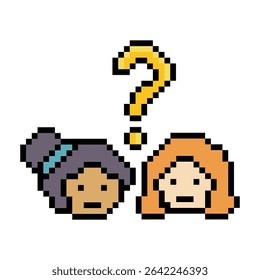Cute pixel cartoon character woman with question mark decoration 8 bit female girl lady confused idea question mark think questionnaire choose cartoon pixel game 8bit vector.