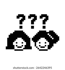 Cute pixel cartoon character woman with question mark decoration 8 bit female girl lady confused idea question mark think questionnaire choose cartoon pixel game 8bit vector.