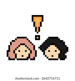 Cute pixel cartoon character woman notice with exclamation mark decoration 8 bit female girl lady surprise idea exclamation alert cartoon pixel game 8bit png vector.