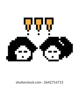Cute pixel cartoon character woman notice with exclamation mark decoration 8 bit female girl lady surprise idea exclamation alert cartoon pixel game 8bit png vector.