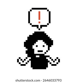 Cute pixel cartoon character woman notice with exclamation mark decoration 8 bit female girl lady surprise idea exclamation alert cartoon pixel game 8bit vector.