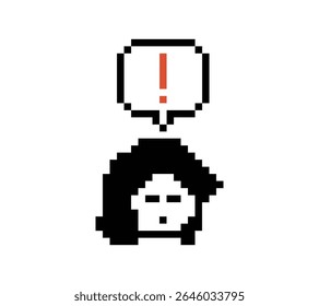 Cute pixel cartoon character woman notice with exclamation mark decoration 8 bit female girl lady surprise idea exclamation alert cartoon pixel game 8bit vector.