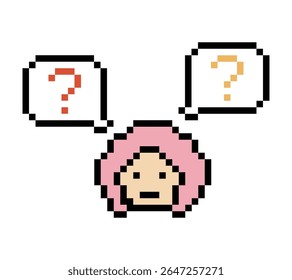 Mulher de personagem de desenhos animados de pixel bonito com ponto de interrogação decoração 8 bits menina mulher confuso ideia ponto de interrogação pensar questionário escolher desenho animado pixel jogo vetor de 8bit.
