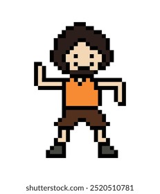 Cute pixel cartoon cheer character man exercises training dance estilo de vida música decoración estilo de vida 8 bit masculino boy dance con juego de música fitness Vector aislado.