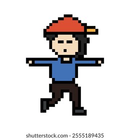 Cute pixel cartoon exercise run 8bit character man run or running jog cardio lifestyle for decoration life style 8 bit male boy jog marathon exercise vector.