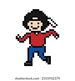 Cute pixel cartoon exercise run 8bit character man run or running jog cardio lifestyle for decoration life style 8 bit male boy jog marathon exercise vector.