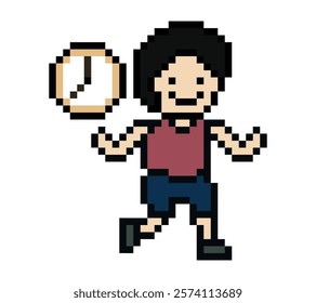 Cute pixel cartoon exercise run 8bit character man run running jog cardio lifestyle decoration life style 8 bit male boy jog marathon exercise game 8 bit vector.