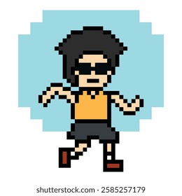 Cute pixel cartoon exercise run 8bit character man run running jog cardio lifestyle decoration life style 8 bit male boy jog marathon exercise game 8 bit vector.