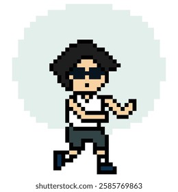 Cute pixel cartoon exercise run 8bit character man run running jog cardio lifestyle decoration life style 8 bit male boy jog marathon exercise game 8 bit vector.
