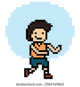 Cute pixel cartoon exercise run 8bit character man run running jog cardio lifestyle decoration life style 8 bit male boy jog marathon exercise game 8 bit vector.